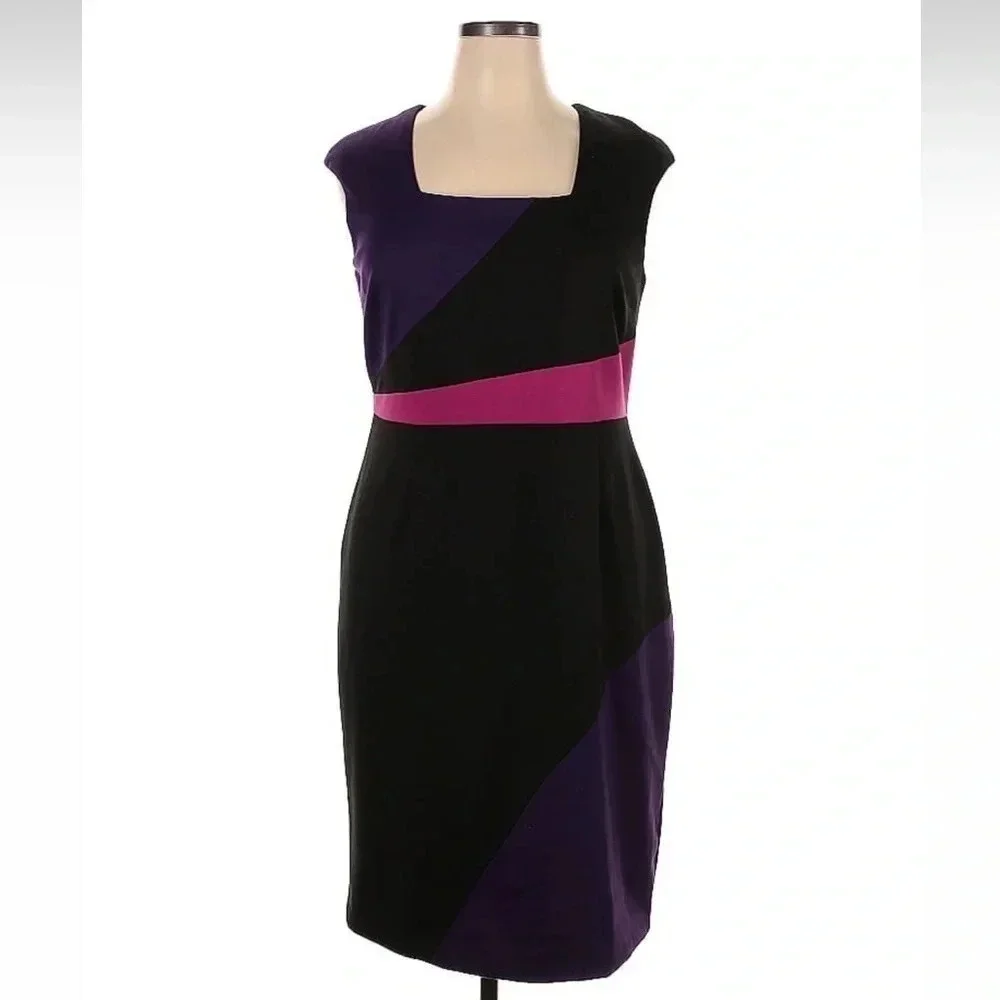 MBN Black Purple Pink Ponte Knit Color Block Cocktail Dress Plus Size 0X